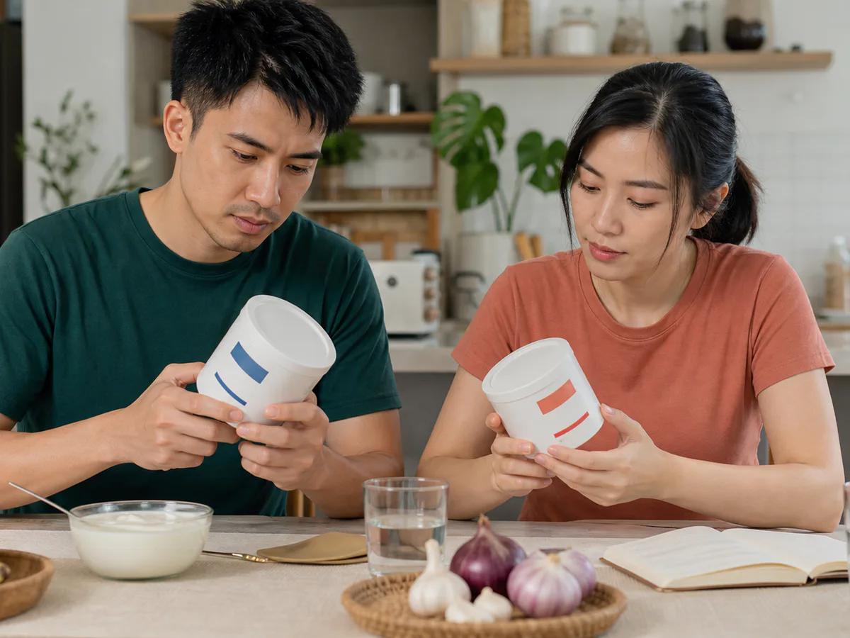 ผู้ใหญ่สองคนเปรียบเทียบบรรจุภัณฑ์กลางสองแบบอย่างรอบคอบที่โต๊ะอาหารเช้า