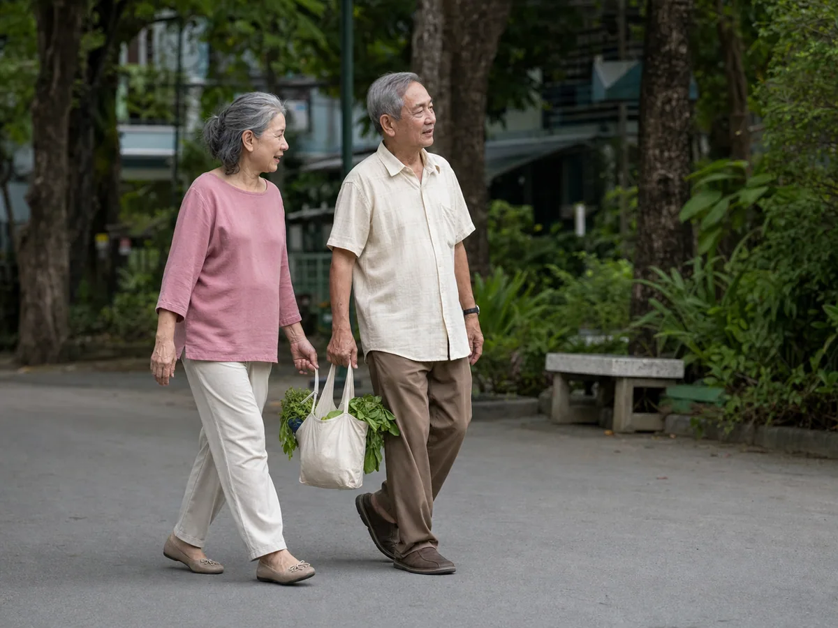 คู่ผู้สูงอายุชาวไทยเดินกลับจากตลาดพร้อมถุงผักในชุมชน