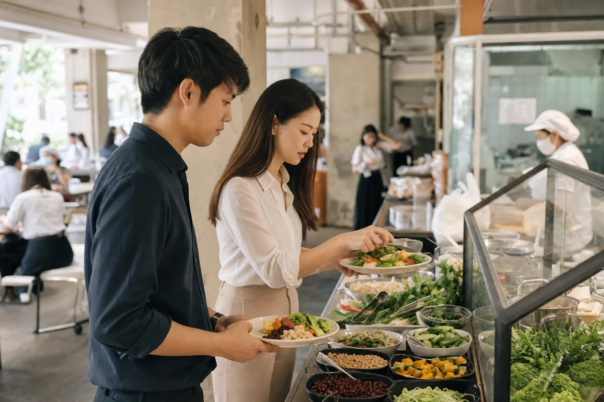 ครอบครัวไทยนั่งกินข้าวนอกบ้านที่ร้านอาหาร พร้อมจานผักและเมนูที่มีใยอาหารวางอยู่บนโต๊ะ