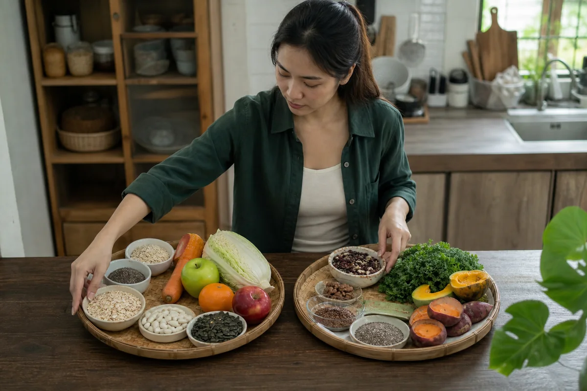 ภาพเปรียบเทียบใยอาหารละลายน้ำ soluble fiber และใยอาหารไม่ละลายน้ำ insoluble fiber พร้อมตัวอย่างแหล่งอาหารและบทบาทในลำไส้