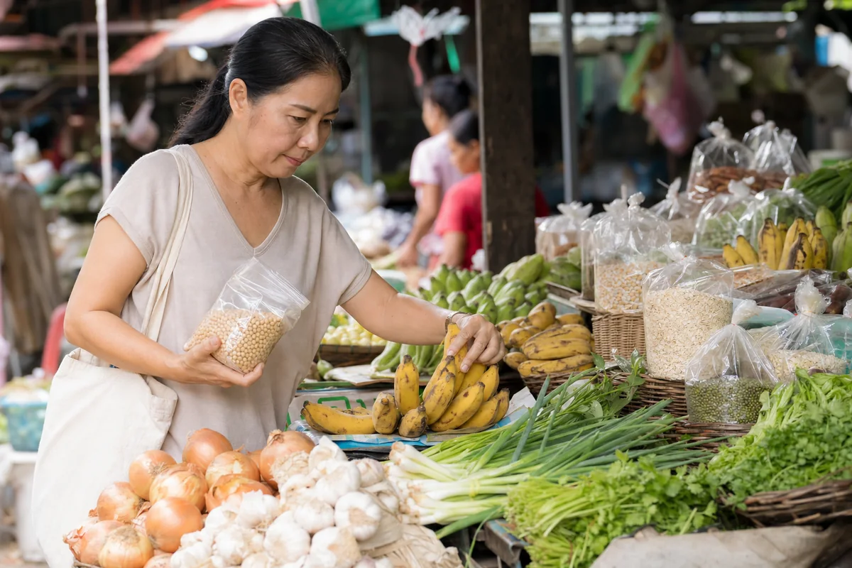 อาหารที่มีพรีไบโอติกตามธรรมชาติ หัวหอม กระเทียม หน่อไม้ฝรั่ง กล้วยดิบ ข้าวโอ๊ต และถั่ว วางรวมกันเป็นอาหารของจุลินทรีย์ที่เป็นมิตรในลำไส้