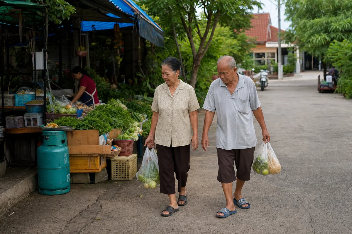 คู่ผู้สูงอายุเดินในชุมชนพร้อมถุงผัก เป็นภาพการเคลื่อนไหวในกิจวัตรประจำวัน