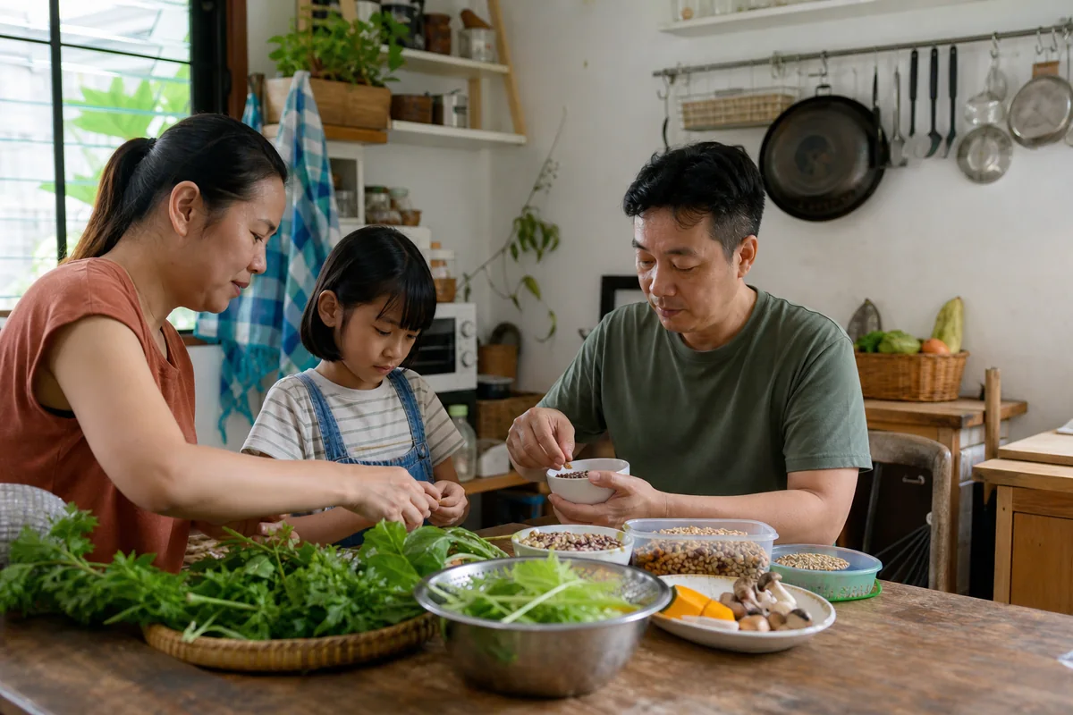 ครอบครัวหลายวัยช่วยกันเตรียมอาหารที่มีผักและธัญพืชในครัวบ้าน